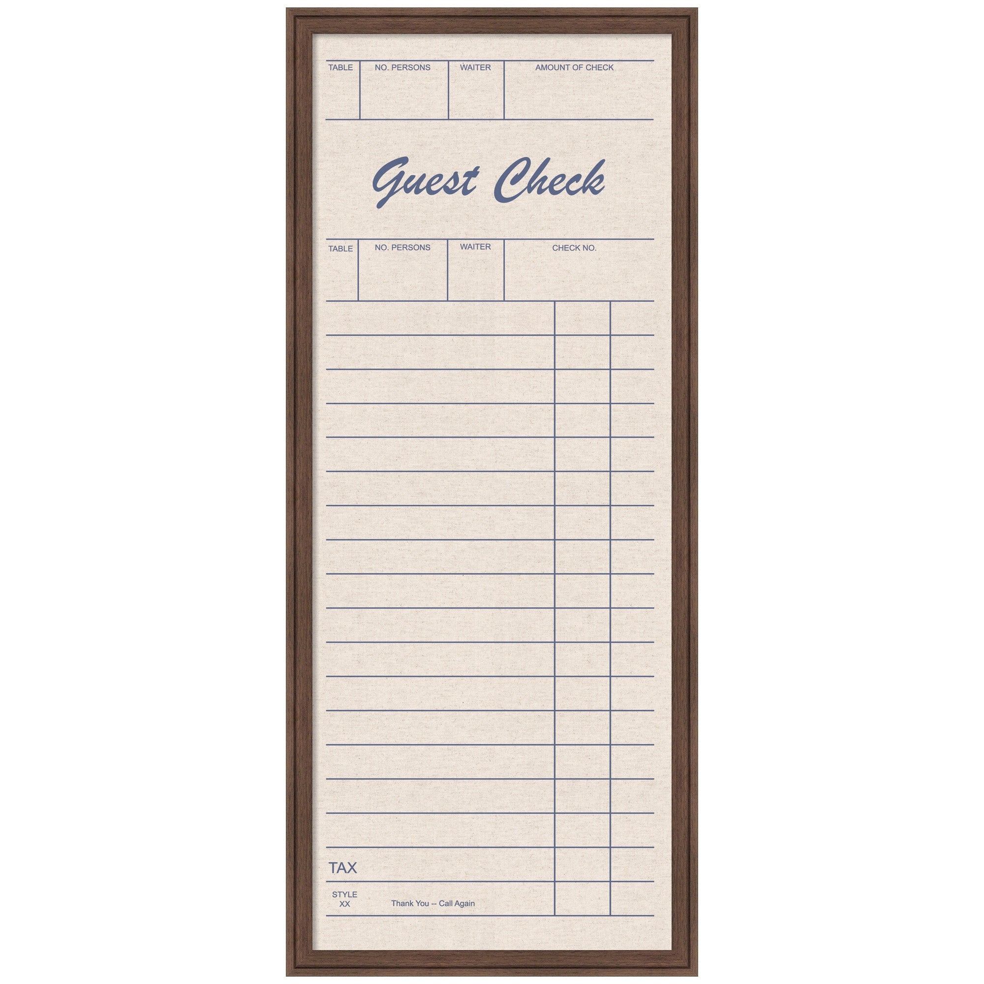 Framed fabric pinboard with vintage restaurant guest check design in linen with wooden frame