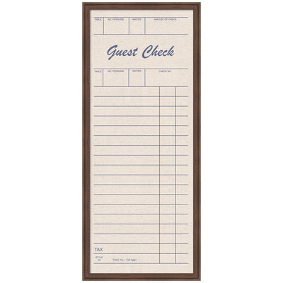 Framed fabric pinboard with vintage restaurant guest check design in linen with wooden frame