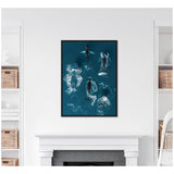 Framed aerial photograph of a school of five humpback whales swimming in deep blue ocean water, showing white water patterns created by their movement.
