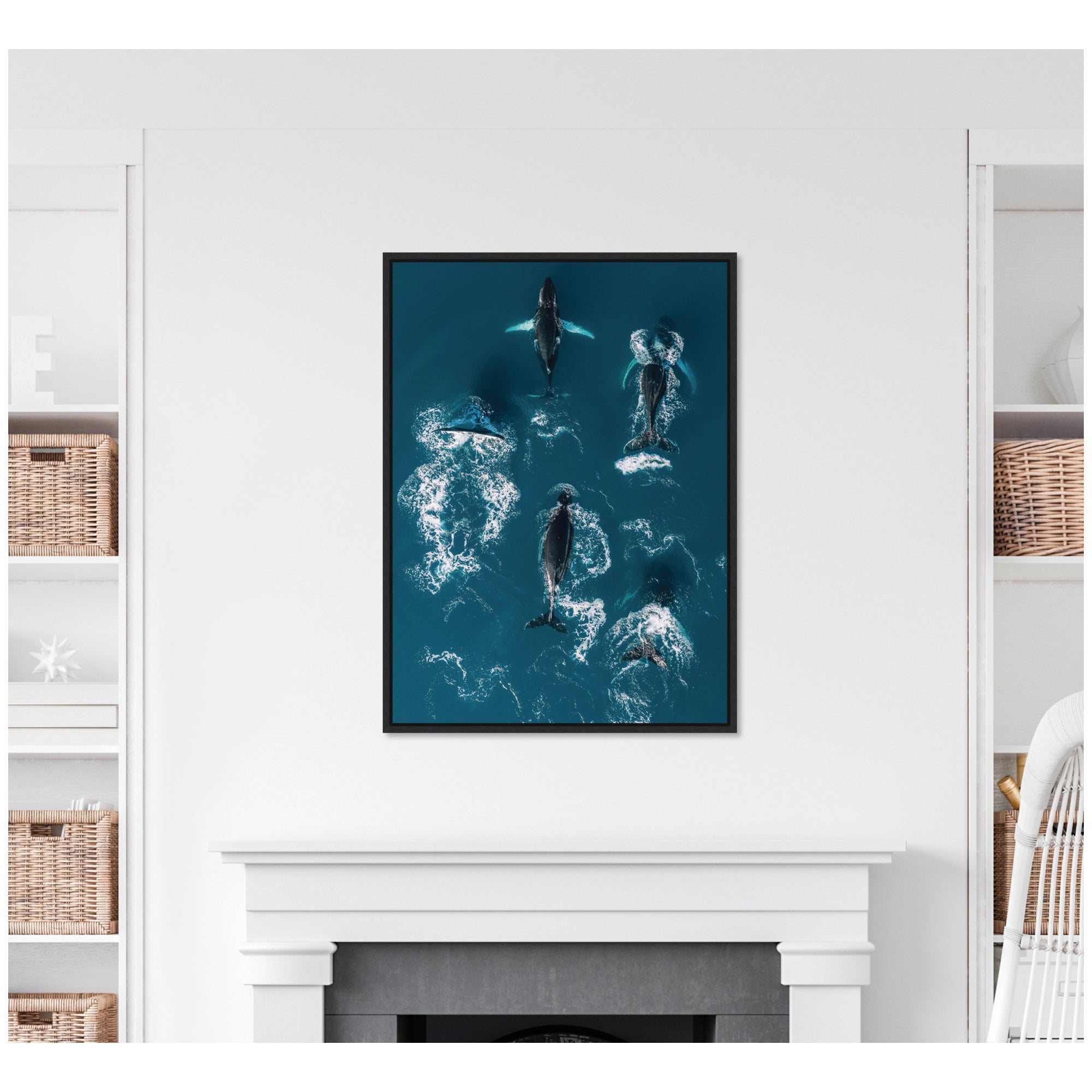 Sylvie School of Humpback Whales in the Blue Ocean Framed Canvas by Michael Schauer