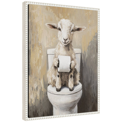 Framed canvas art of a Sylvie goat holding a toilet paper roll with a vintage beaded frame