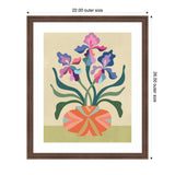 Stylized iris flowers in purple, pink, and blue shades arranged in an orange and pink patterned vase with green leaves on a beige background.