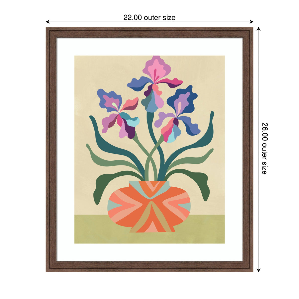 Stylized iris flowers in purple, pink, and blue shades arranged in an orange and pink patterned vase with green leaves on a beige background.