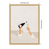 Minimalist art print showing two arms emerging from white bedding, one pouring a dark bottle into a raised champagne glass, with cursive text 'good morning' above.