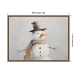 Portrait of a snowman with a brown top hat, orange carrot nose, black coal eyes and buttons, beige scarf, and stick arms on a gray background, framed in a decorative border.