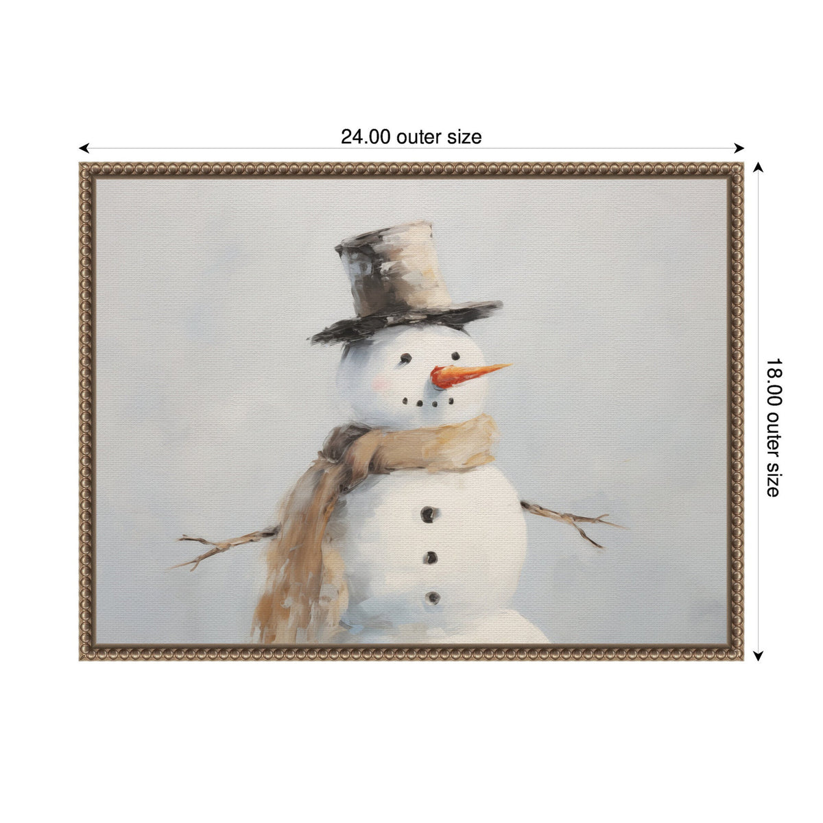 Portrait of a snowman with a brown top hat, orange carrot nose, black coal eyes and buttons, beige scarf, and stick arms on a gray background, framed in a decorative border.