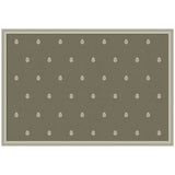 Patterned fabric with evenly spaced small cream-colored botanical block prints on a muted olive green background framed by a thin light gray border.