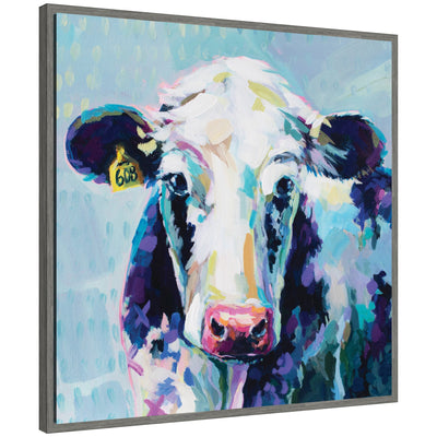 Sylvie 608 Cow framed floating canvas art by Rachel Christopoulos showing a monochrome cow portrait with a modern gray polystyrene frame.