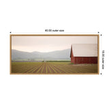 Framed canvas showing a red barn on the right with a large plowed field and distant misty hills under a pale sky, dimensions marked 40 by 18 inches.