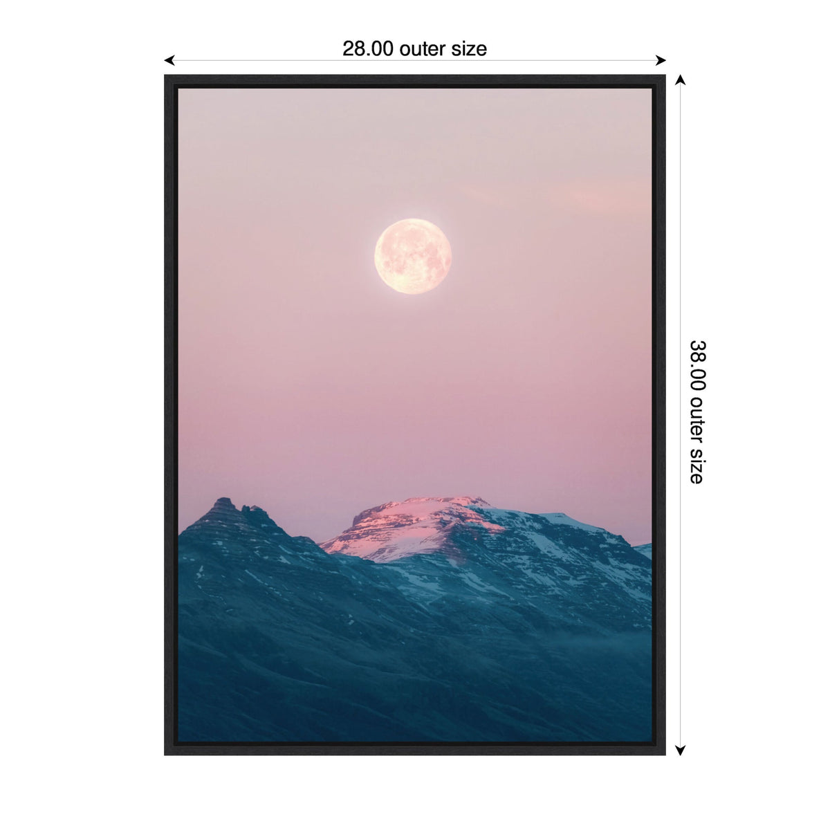 Framed canvas showing a full moon rising over dark blue Icelandic mountains under a pastel pink sky, with mountain peaks highlighted by soft light.