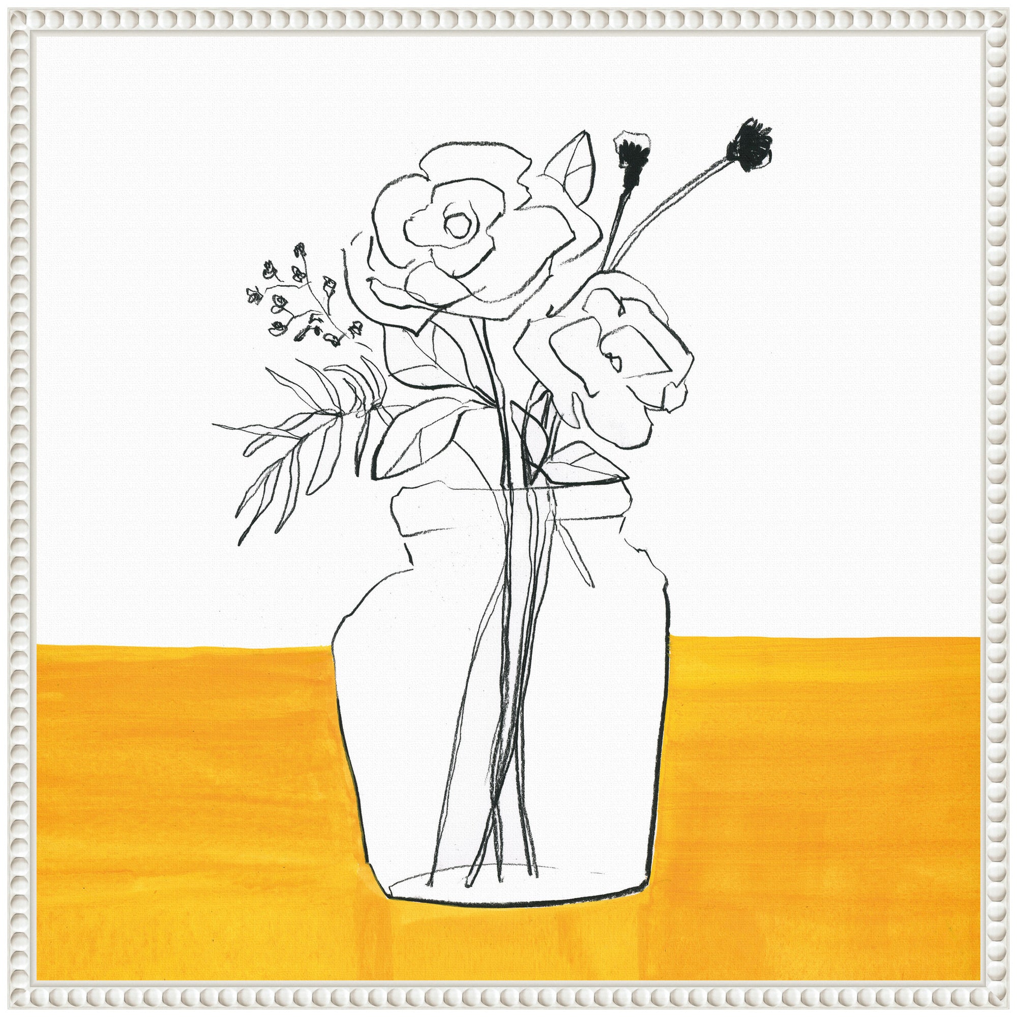 Sylvie Minimalist Floral Vase on Yellow Table Framed Canvas by Teju Reval