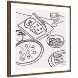 Black line drawing of a cheese wedge, tomato, strawberries in a bowl, pizza slices, and a wine glass on white background within a dark wooden frame.