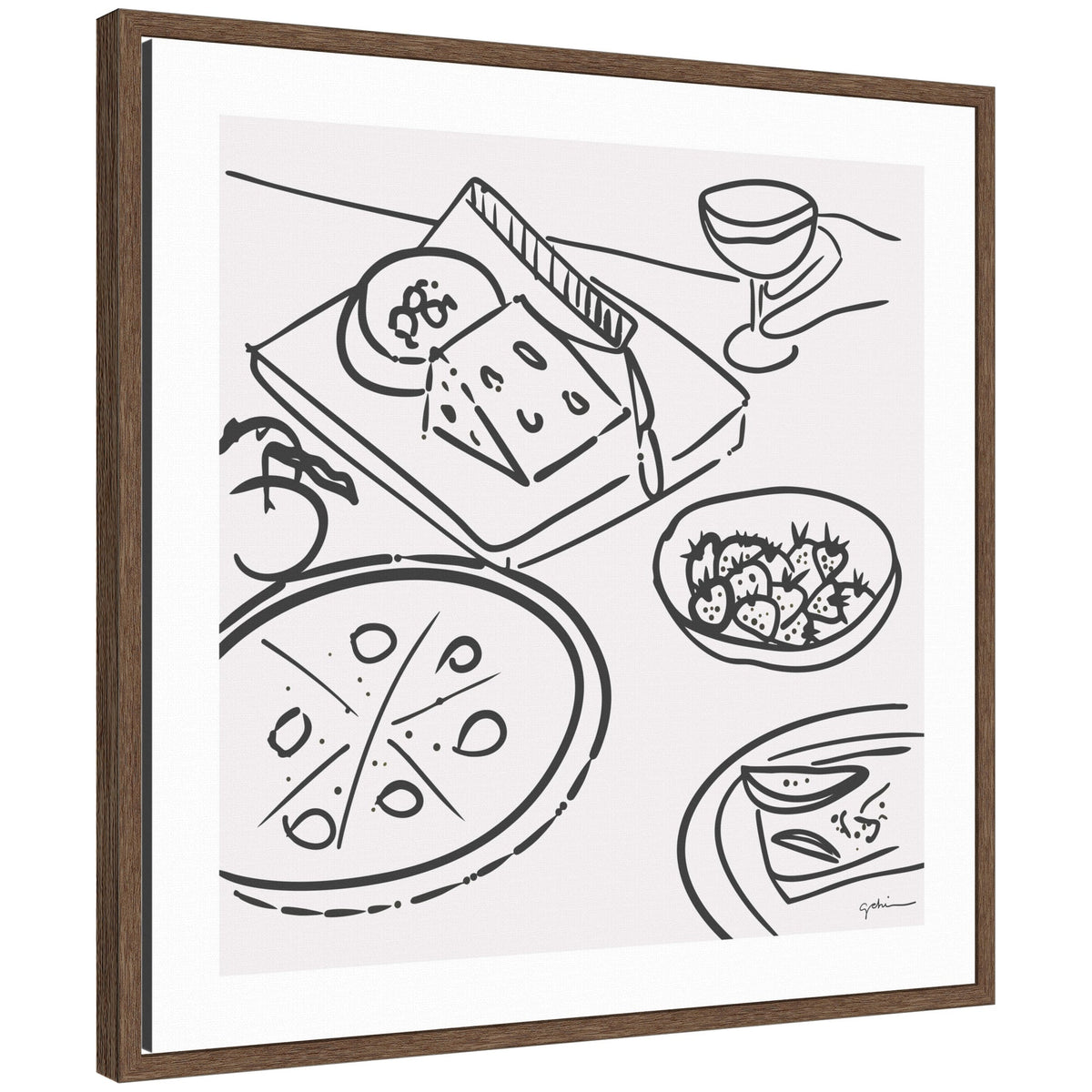 Black line drawing of a cheese wedge, tomato, strawberries in a bowl, pizza slices, and a wine glass on white background within a dark wooden frame.