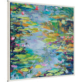 Colorful impressionist painting of water lilies floating on a pond, featuring vibrant greens, blues, pinks, and yellows within a white beaded frame.