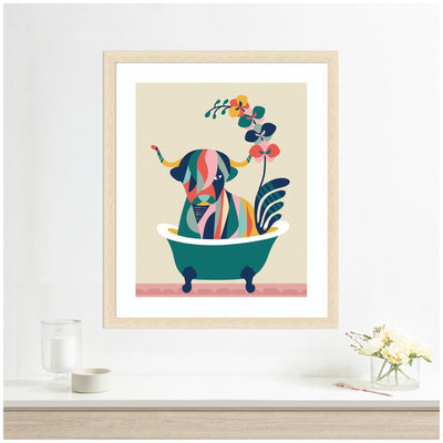 Framed Art Mid Century Modern Cow in Bathtub by Rachel Lee