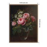 Painting of pink roses and white tree anemones arranged in a clear glass vase against a dark background, framed in a gold ornamental frame.