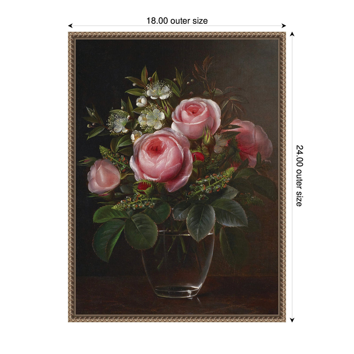 Painting of pink roses and white tree anemones arranged in a clear glass vase against a dark background, framed in a gold ornamental frame.