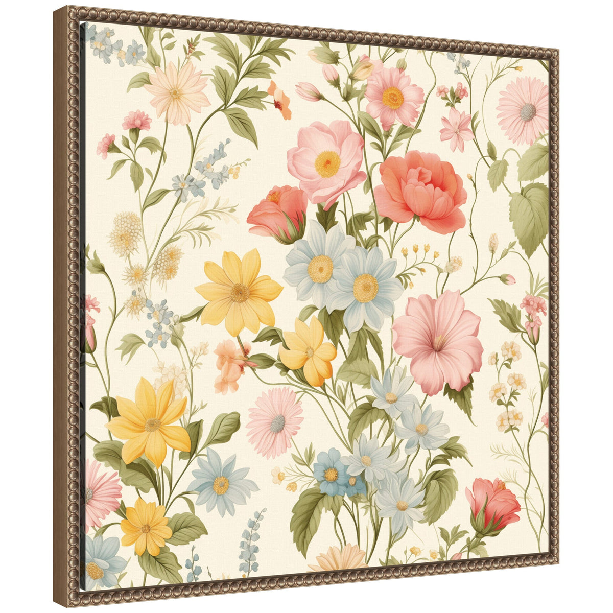 Framed canvas wall art print featuring Cottage Core Vintage Summer Floral Pattern in a beaded dark gold frame.