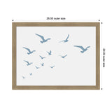 Framed print of minimalist blue seagulls in various flying poses, set against a white background with outer frame dimensions 26 by 20 inches