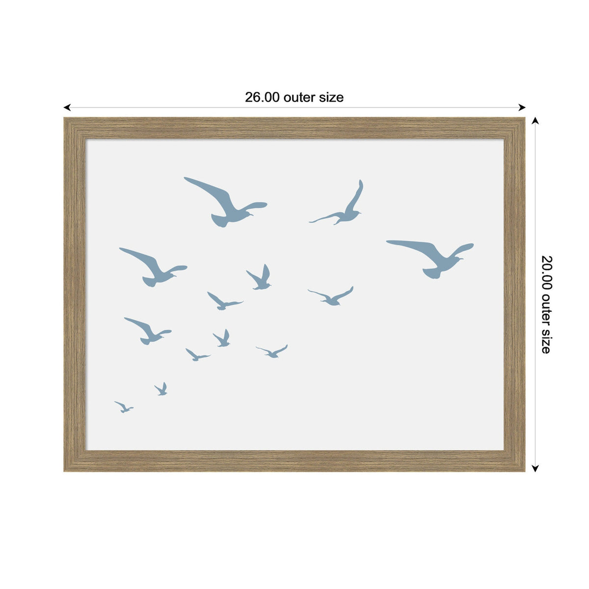 Framed print of minimalist blue seagulls in various flying poses, set against a white background with outer frame dimensions 26 by 20 inches