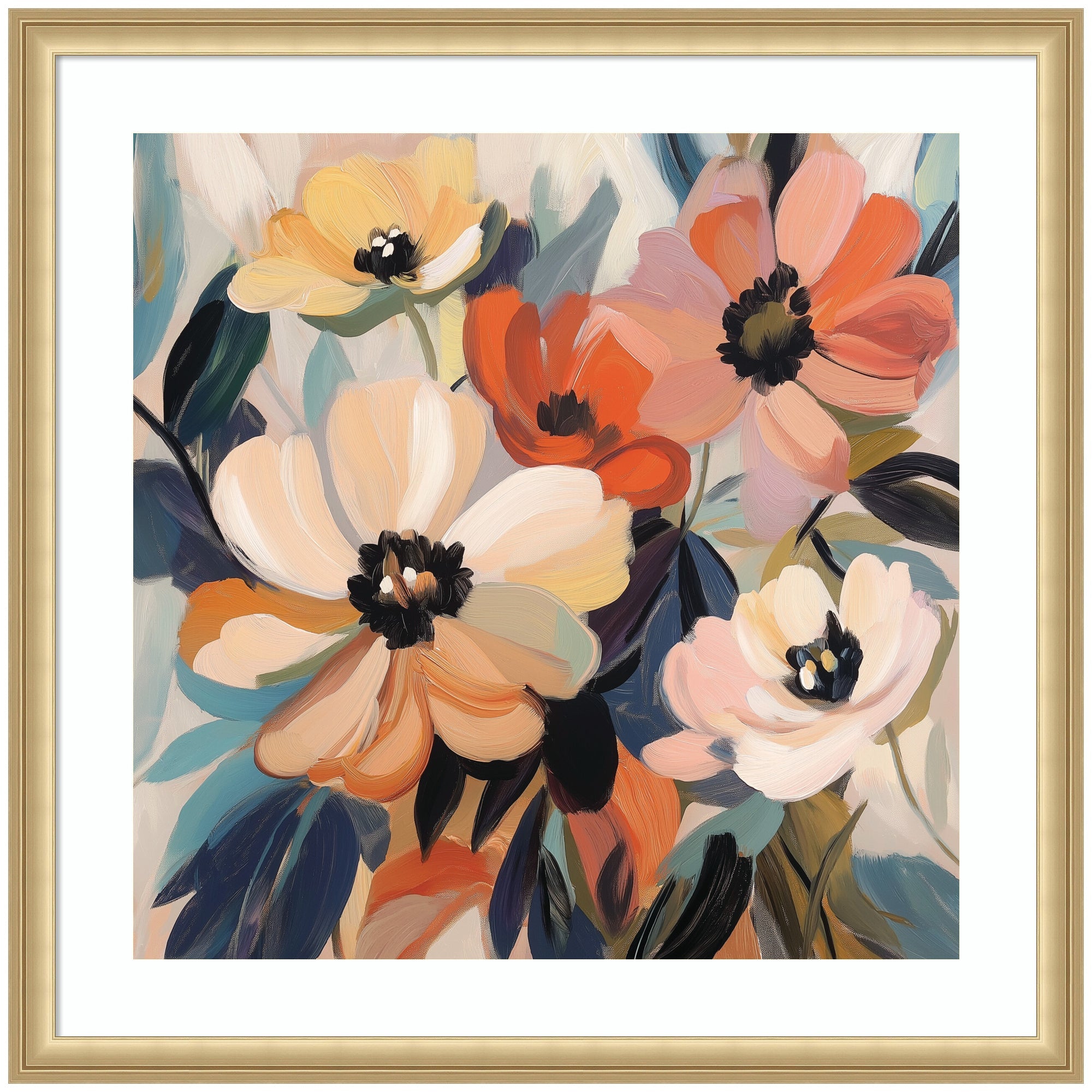 Framed abstract floral art titled Garden Bloom Abstract Bouquet III showing bold orange, pink, and ivory flowers with swirling petals in Florence Gold frame