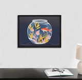 Illustration of a goldfish swimming in a round glass bowl with pink and yellow aquatic plants on a dark blue background, framed and hanging above a desk.