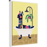 Framed canvas artwork featuring a modern yellow llama in a bathtub by Rachel Lee