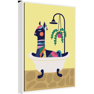 Framed canvas artwork featuring a modern yellow llama in a bathtub by Rachel Lee