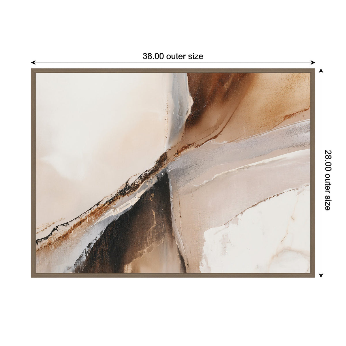 Abstract painting with flowing beige and brown tones blending into creamy white, highlighted by darker textured streaks and soft transitions, framed with a thin border.