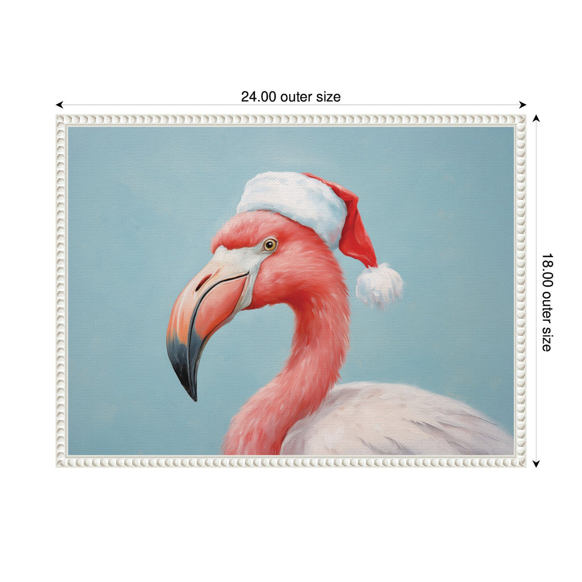 Close-up portrait of a flamingo with pink and white feathers wearing a red and white Santa hat against a pale blue background, framed in white with bead detailing.