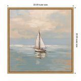 Framed painting of a small sailboat on calm, reflective water under a pastel sky with soft, muted blue and beige tones.