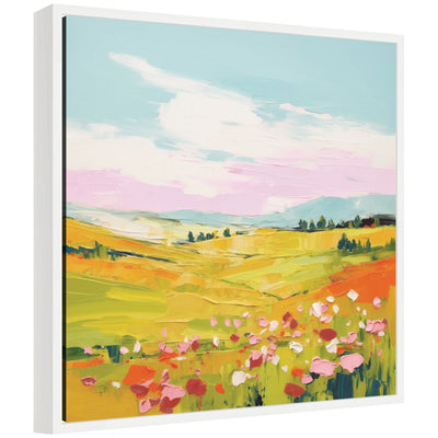 Sylvie Colorful Meadow Landscape framed canvas showing a bright, colorful meadow scene with blue sky