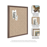 Rectangular beige fabric pinboard with white lattice pattern, framed in medium brown wood, showing pinned black-and-white photos and inset details of frame styles and surface textures.