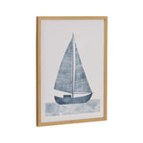 Framed print of a blue sailboat with patterned sails above stylized wavy water on a white background, in a simple natural wood frame.
