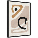 Abstract artwork featuring irregular beige and tan shapes with bold black accents on a textured off-white background, framed in a thin black border.