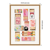 A collection of colorful vintage-style matchboxes arranged in a grid, featuring retro graphics like cherries, drinks, an 8-ball, and tropical themes in pink, teal, and orange shades.