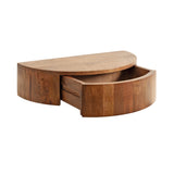 Semi-circular floating wood side table with a smooth top and a curved drawer open halfway, showing matching wood grain and warm brown tones.