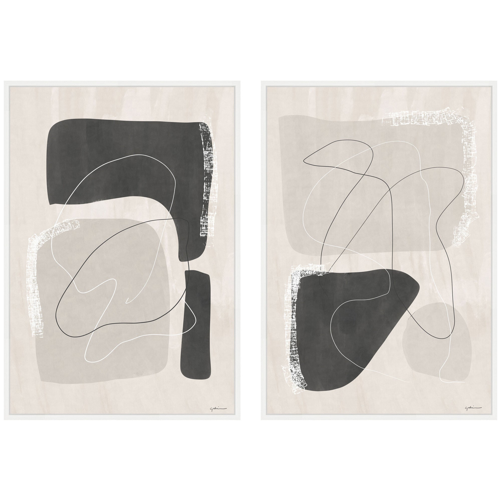 Abstract Shapes 01 & 02 2 Piece Framed Canvas Wall Art Set by Gabrielly Guedes showing white framed abstract art on white wall