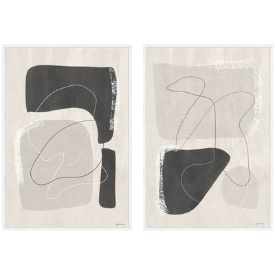 Abstract Shapes 01 & 02 2 Piece Framed Canvas Wall Art Set by Gabrielly Guedes showing white framed abstract art on white wall