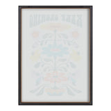 Framed glass print with symmetrical pastel floral design and reversed text reading 'KEEP GROWING' at top in muted tones.