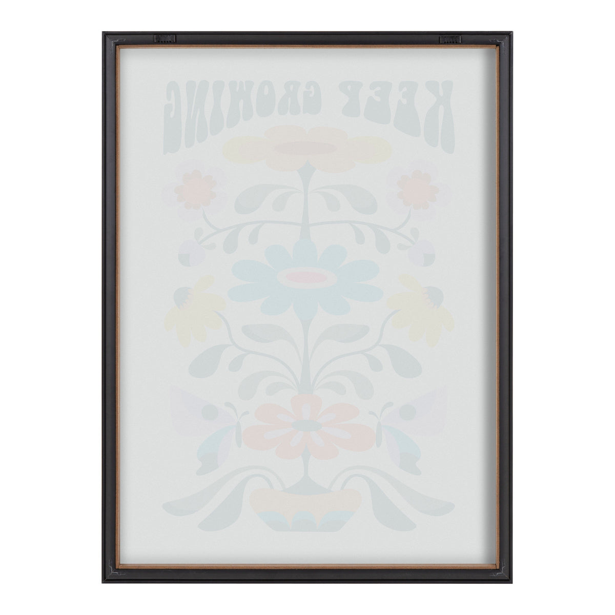 Framed glass print with symmetrical pastel floral design and reversed text reading 'KEEP GROWING' at top in muted tones.