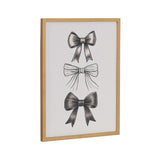 White wall art with three black hand-drawn bows arranged vertically, framed in simple light-colored wood, shown against white background.
