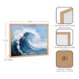 Framed painting featuring a large blue and white coastal wave, with a minimalist natural oak wood frame and sawtooth hangers for versatile mounting.