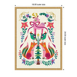 Symmetrical folk art design featuring a centered pink reindeer with bow, surrounded by two orange foxes, green birds, and colorful floral accents in a wooden frame.