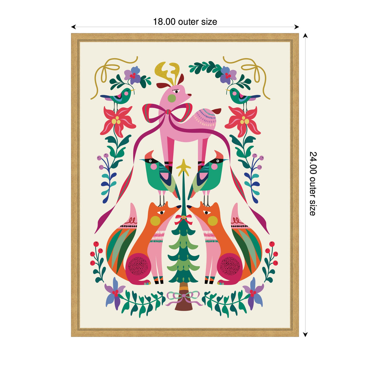 Symmetrical folk art design featuring a centered pink reindeer with bow, surrounded by two orange foxes, green birds, and colorful floral accents in a wooden frame.