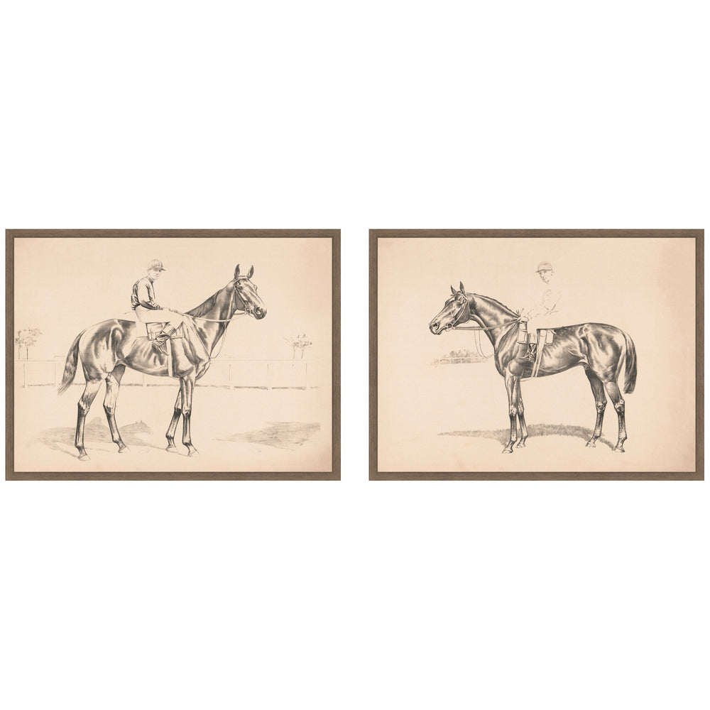 Two framed canvas prints showing a race horse and mounted jockey artwork set in walnut brown frames.