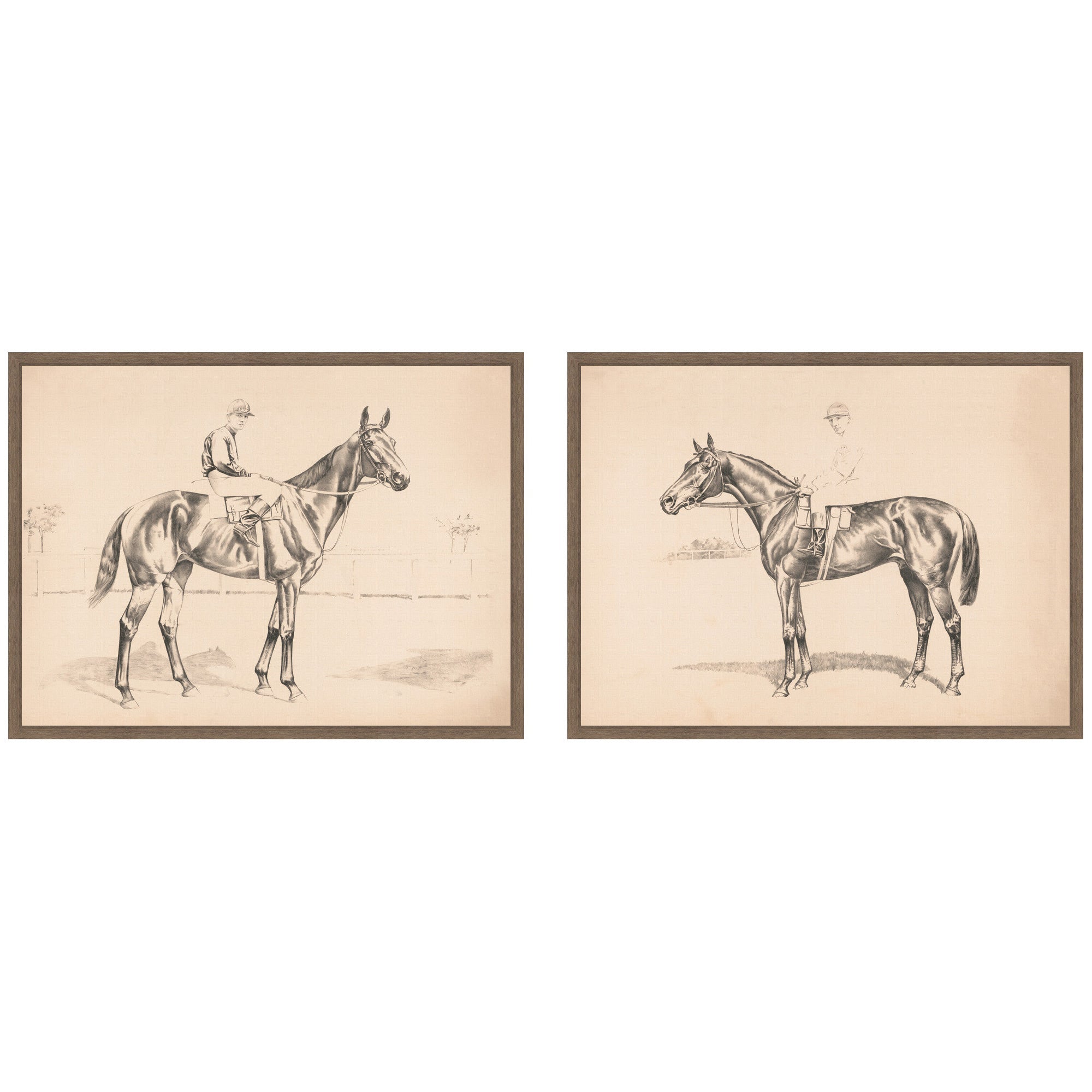Two framed canvas prints showing a race horse and mounted jockey artwork set in walnut brown frames.