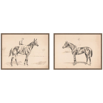 Two framed canvas prints showing a race horse and mounted jockey artwork set in walnut brown frames.