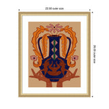 Abstract framed wall art with symmetrical blue vase featuring orange floral patterns and brown hands on a beige background, measuring 22 by 26 inches outer size.