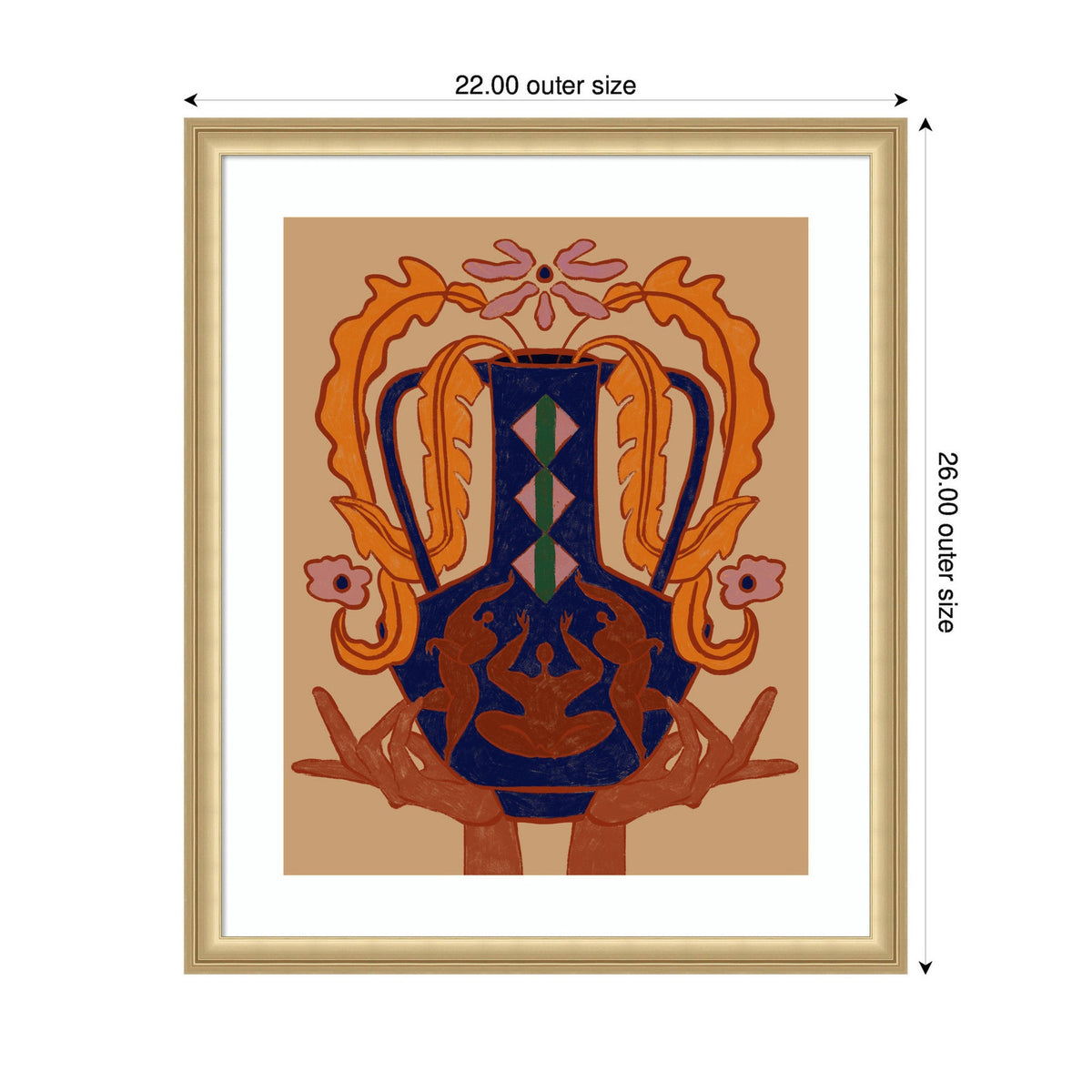 Abstract framed wall art with symmetrical blue vase featuring orange floral patterns and brown hands on a beige background, measuring 22 by 26 inches outer size.